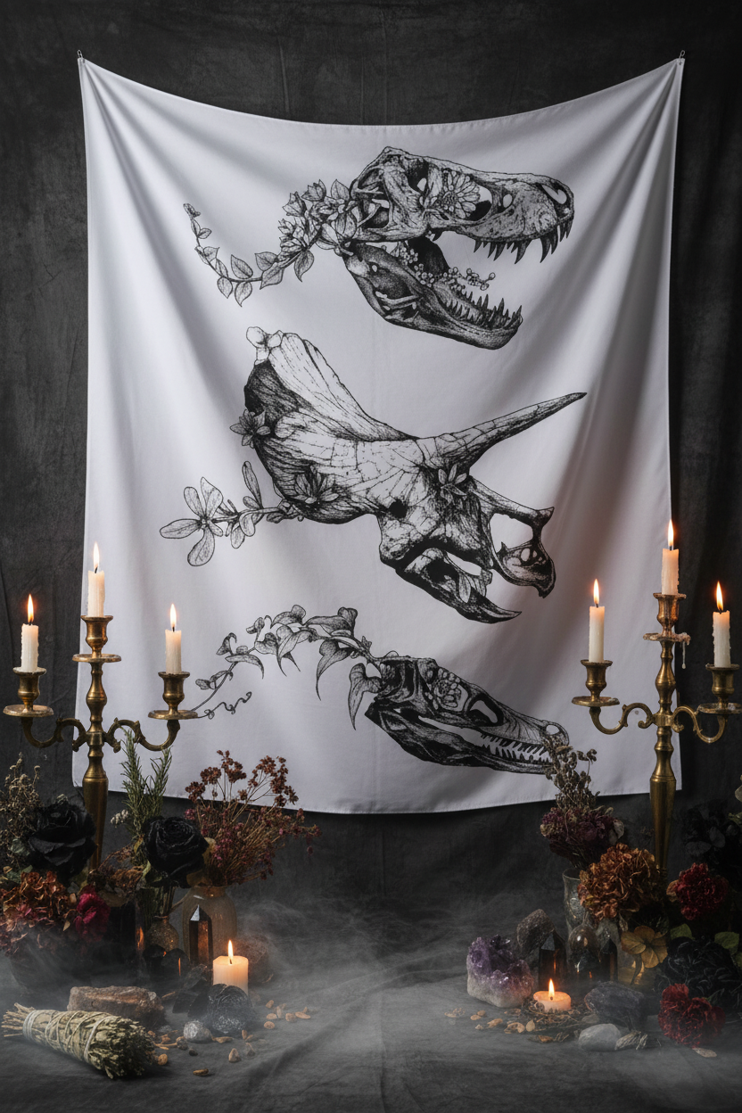 Tapestry with black and white dinosaur skulls and fossils on a white background