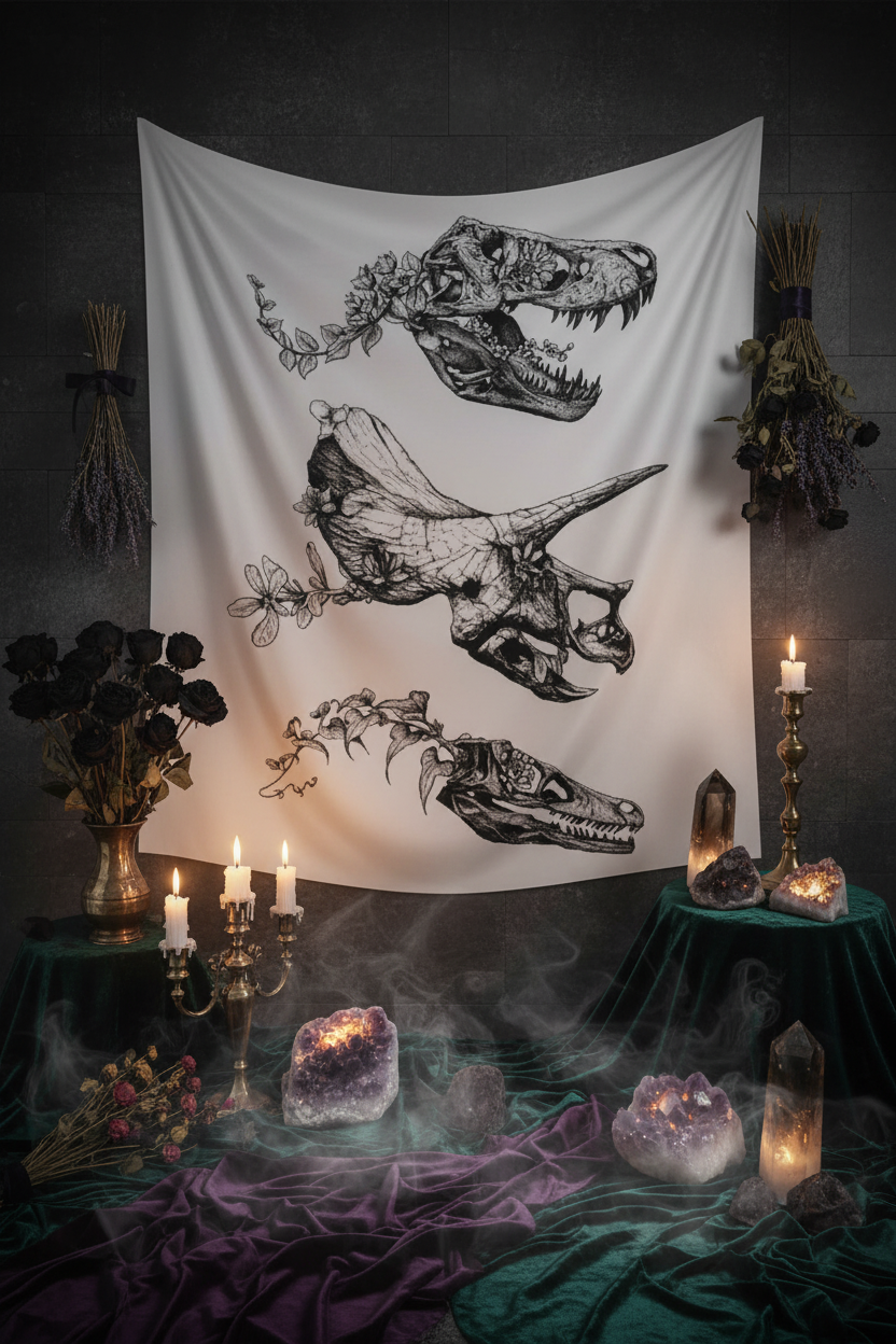 Tapestry with black and white dinosaur skulls and fossils on a white background