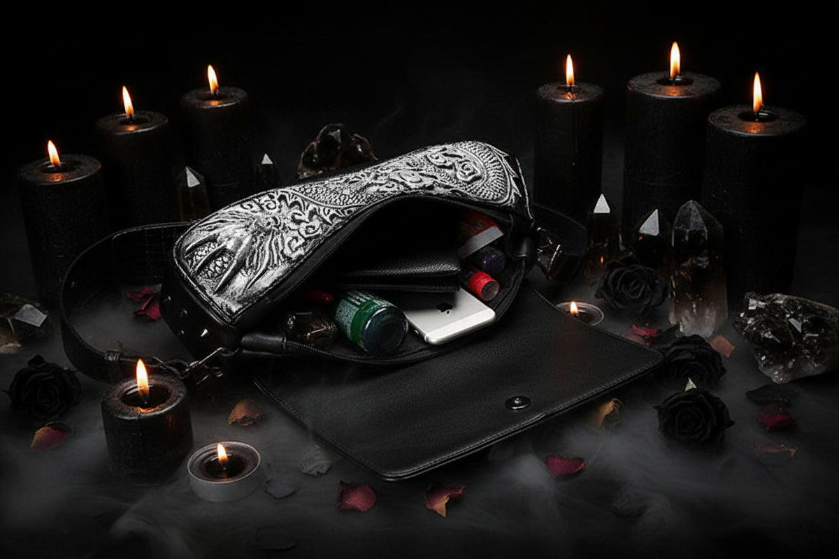 Black leather bag with intricate silver patterns containing electronic devices on a white background