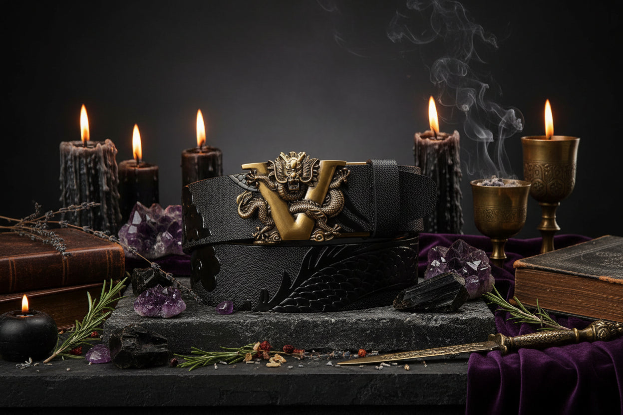 Dragon Leather Belt - Sorceress Sanctuary Black V - Gold Buckle / 110cm-Black V - Gold Buckle / 120cm-Black V - Gold Buckle / 125cm-Curry V - Silver buckle / 130cm-Curry V - Gold Buckle / 110cm