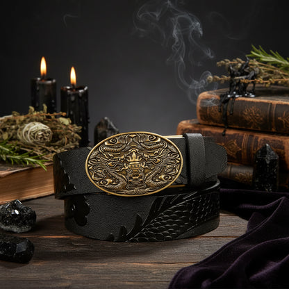 Dragon Leather Belt - Sorceress Sanctuary Black V - Gold Buckle / 110cm-Black V - Gold Buckle / 120cm-Black V - Gold Buckle / 125cm-Curry V - Silver buckle / 130cm-Curry V - Gold Buckle / 110cm