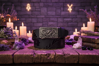 Dragon Leather Belt - Sorceress Sanctuary Black V - Gold Buckle / 110cm-Black V - Gold Buckle / 120cm-Black V - Gold Buckle / 125cm-Curry V - Silver buckle / 130cm-Curry V - Gold Buckle / 110cm