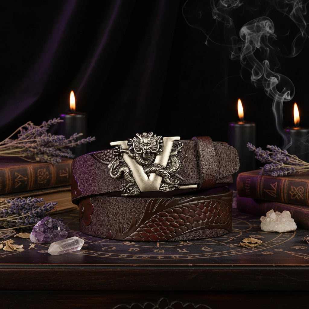 Dragon Leather Belt - Sorceress Sanctuary Black V - Gold Buckle / 110cm-Black V - Gold Buckle / 120cm-Black V - Gold Buckle / 125cm-Curry V - Silver buckle / 130cm-Curry V - Gold Buckle / 110cm