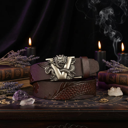 Dragon Leather Belt - Sorceress Sanctuary Black V - Gold Buckle / 110cm-Black V - Gold Buckle / 120cm-Black V - Gold Buckle / 125cm-Curry V - Silver buckle / 130cm-Curry V - Gold Buckle / 110cm