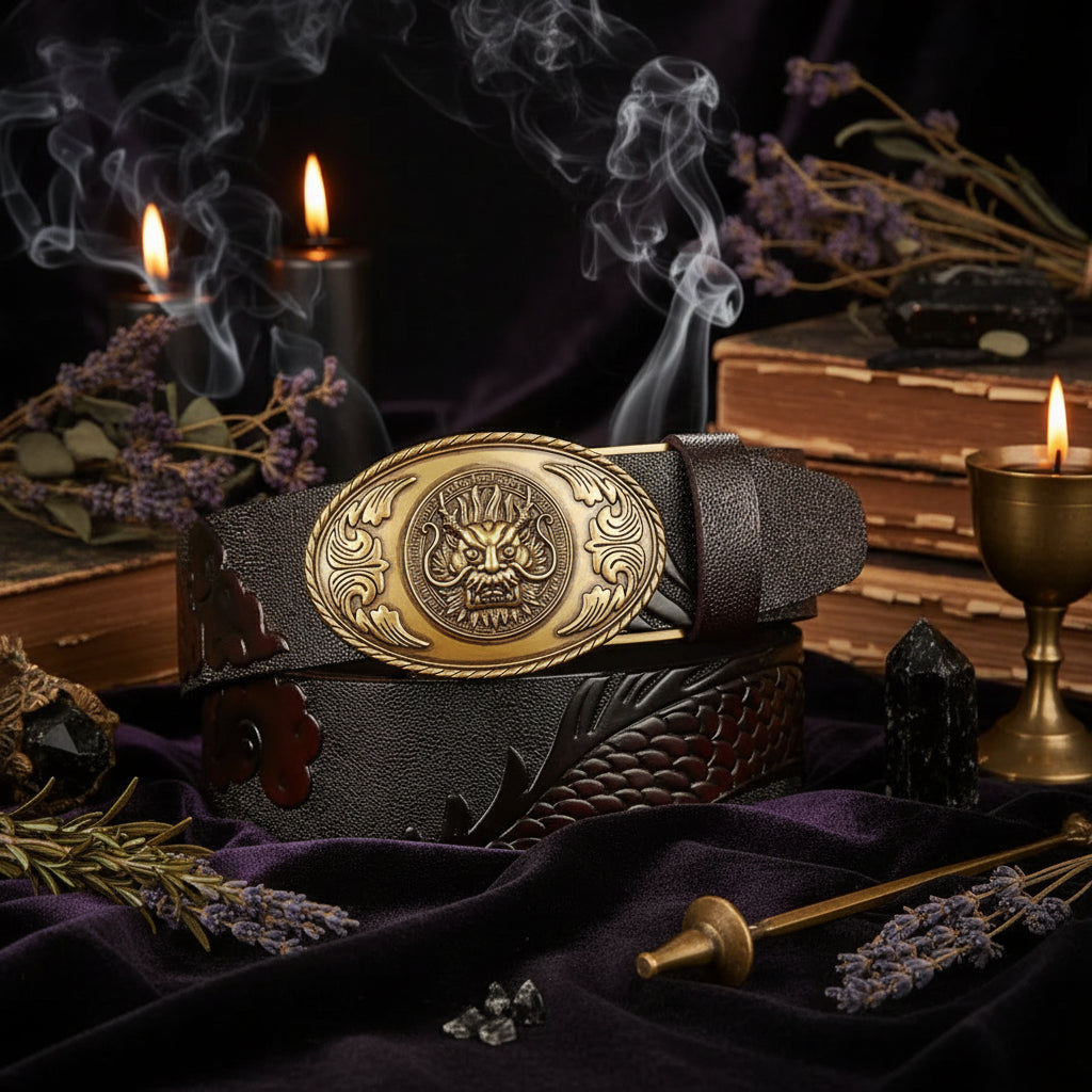 Dragon Leather Belt - Sorceress Sanctuary Black V - Gold Buckle / 110cm-Black V - Gold Buckle / 120cm-Black V - Gold Buckle / 125cm-Curry V - Silver buckle / 130cm-Curry V - Gold Buckle / 110cm