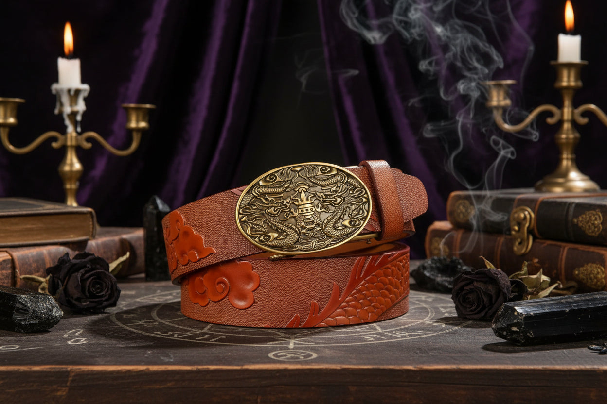 Dragon Leather Belt - Sorceress Sanctuary Black V - Gold Buckle / 110cm-Black V - Gold Buckle / 120cm-Black V - Gold Buckle / 125cm-Curry V - Silver buckle / 130cm-Curry V - Gold Buckle / 110cm