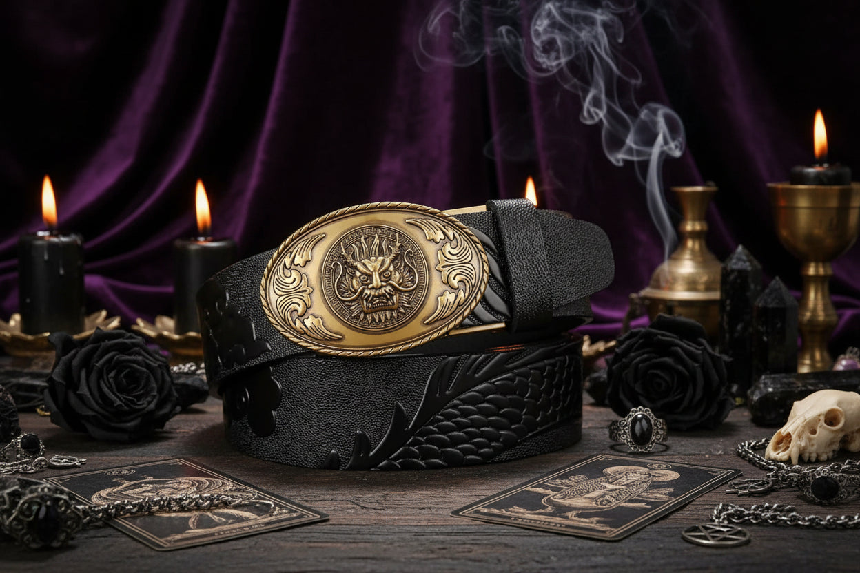 Dragon Leather Belt - Sorceress Sanctuary Black V - Gold Buckle / 110cm-Black V - Gold Buckle / 120cm-Black V - Gold Buckle / 125cm-Curry V - Silver buckle / 130cm-Curry V - Gold Buckle / 110cm