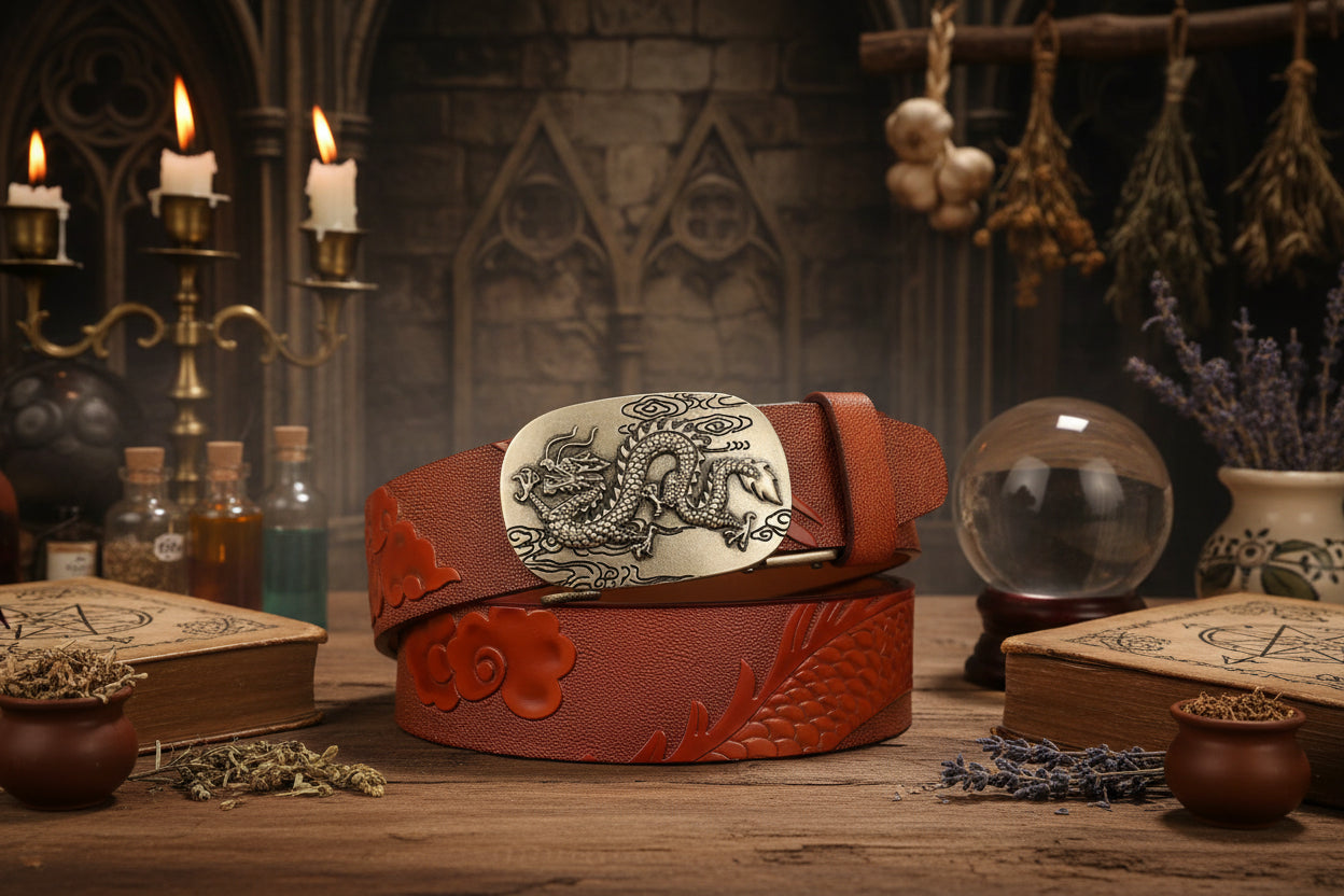 Dragon Leather Belt - Sorceress Sanctuary Black V - Gold Buckle / 110cm-Black V - Gold Buckle / 120cm-Black V - Gold Buckle / 125cm-Curry V - Silver buckle / 130cm-Curry V - Gold Buckle / 110cm