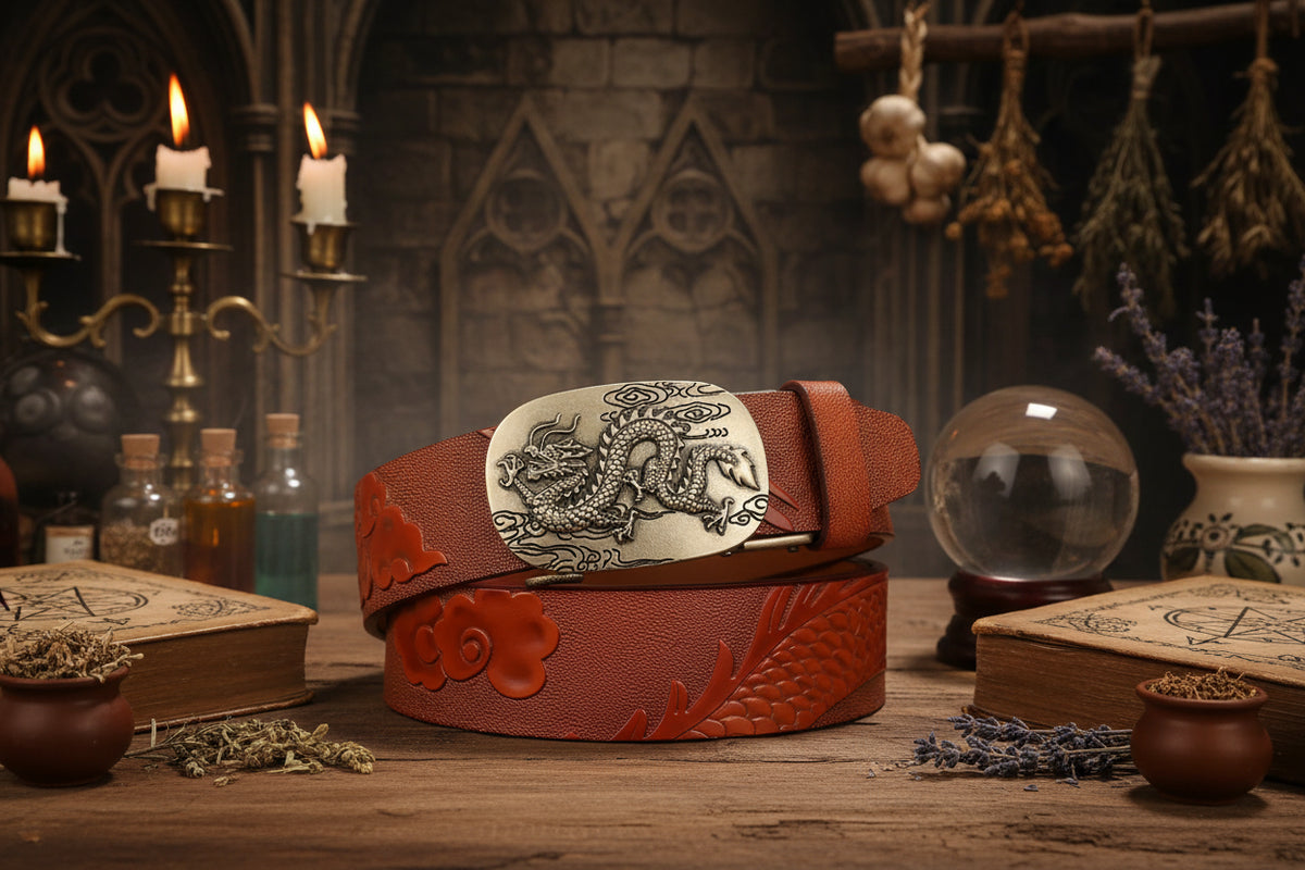Dragon Leather Belt - Sorceress Sanctuary Black V - Gold Buckle / 110cm-Black V - Gold Buckle / 120cm-Black V - Gold Buckle / 125cm-Curry V - Silver buckle / 130cm-Curry V - Gold Buckle / 110cm