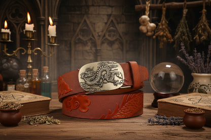 Dragon Leather Belt - Sorceress Sanctuary Black V - Gold Buckle / 110cm-Black V - Gold Buckle / 120cm-Black V - Gold Buckle / 125cm-Curry V - Silver buckle / 130cm-Curry V - Gold Buckle / 110cm