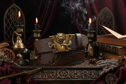Dragon Leather Belt - Sorceress Sanctuary Black V - Gold Buckle / 110cm-Black V - Gold Buckle / 120cm-Black V - Gold Buckle / 125cm-Curry V - Silver buckle / 130cm-Curry V - Gold Buckle / 110cm