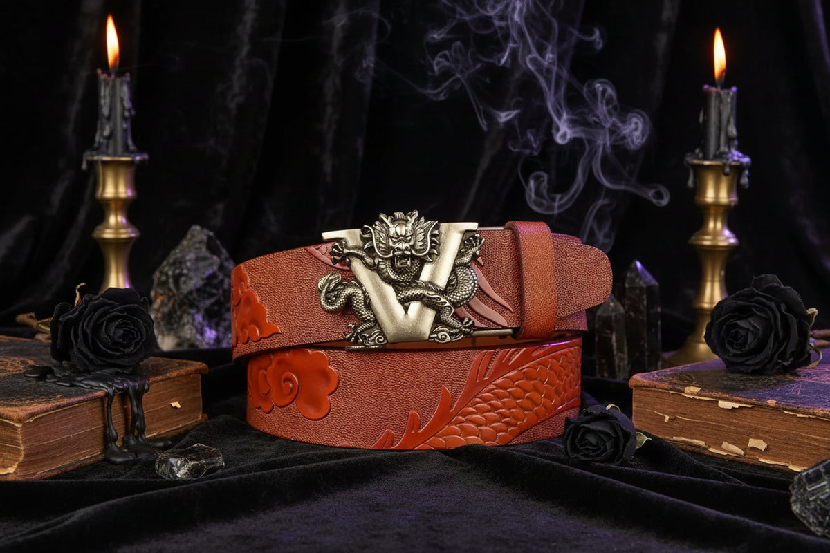 Dragon Leather Belt - Sorceress Sanctuary Black V - Gold Buckle / 110cm-Black V - Gold Buckle / 120cm-Black V - Gold Buckle / 125cm-Curry V - Silver buckle / 130cm-Curry V - Gold Buckle / 110cm