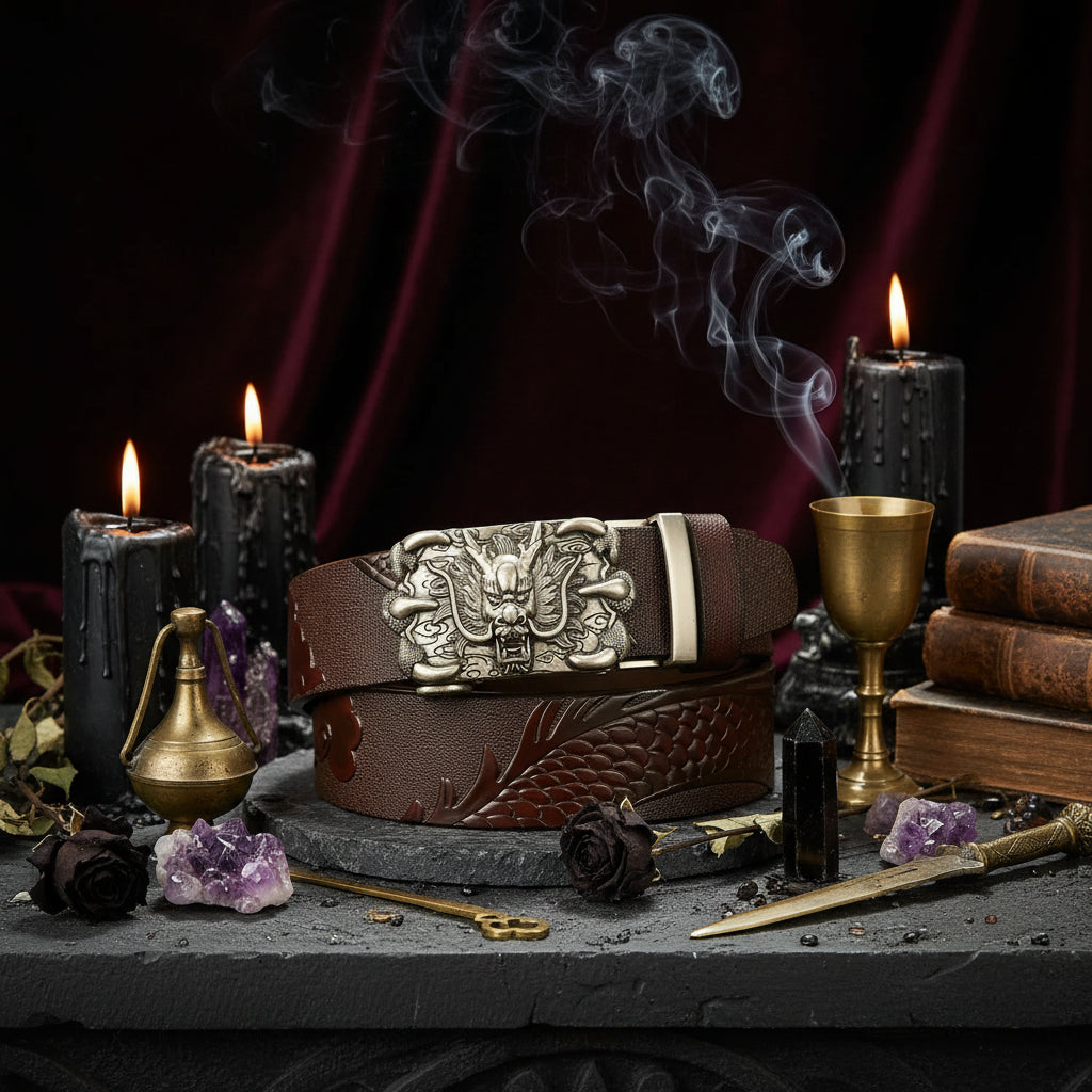 Dragon Leather Belt - Sorceress Sanctuary Black V - Gold Buckle / 110cm-Black V - Gold Buckle / 120cm-Black V - Gold Buckle / 125cm-Curry V - Silver buckle / 130cm-Curry V - Gold Buckle / 110cm