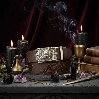 Dragon Leather Belt - Sorceress Sanctuary Black V - Gold Buckle / 110cm-Black V - Gold Buckle / 120cm-Black V - Gold Buckle / 125cm-Curry V - Silver buckle / 130cm-Curry V - Gold Buckle / 110cm