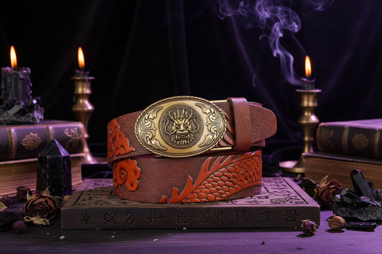 Dragon Leather Belt - Sorceress Sanctuary Black V - Gold Buckle / 110cm-Black V - Gold Buckle / 120cm-Black V - Gold Buckle / 125cm-Curry V - Silver buckle / 130cm-Curry V - Gold Buckle / 110cm