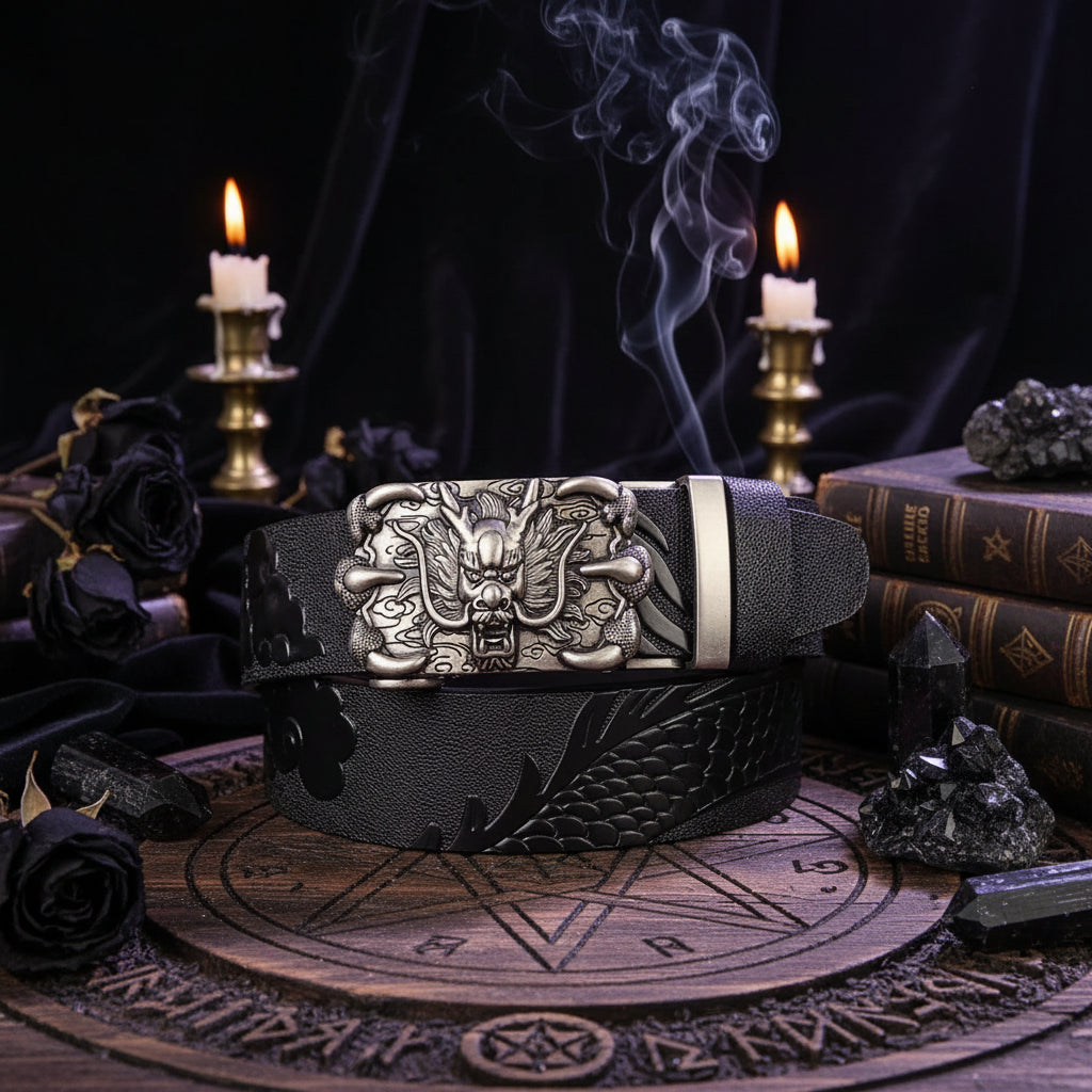 Dragon Leather Belt - Sorceress Sanctuary Black V - Gold Buckle / 110cm-Black V - Gold Buckle / 120cm-Black V - Gold Buckle / 125cm-Curry V - Silver buckle / 130cm-Curry V - Gold Buckle / 110cm
