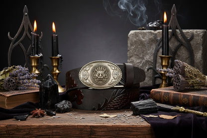 Dragon Leather Belt - Sorceress Sanctuary Black V - Gold Buckle / 110cm-Black V - Gold Buckle / 120cm-Black V - Gold Buckle / 125cm-Curry V - Silver buckle / 130cm-Curry V - Gold Buckle / 110cm