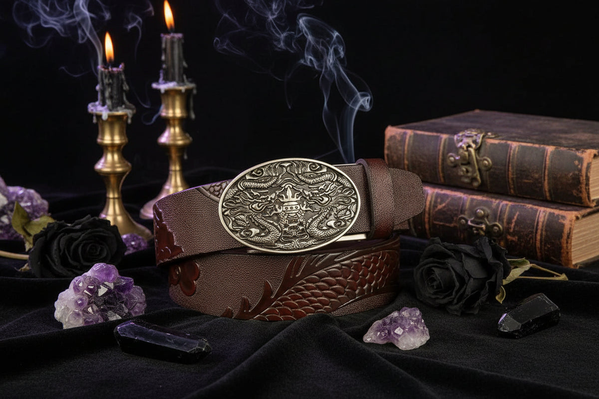 Dragon Leather Belt - Sorceress Sanctuary Black V - Gold Buckle / 110cm-Black V - Gold Buckle / 120cm-Black V - Gold Buckle / 125cm-Curry V - Silver buckle / 130cm-Curry V - Gold Buckle / 110cm
