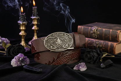 Dragon Leather Belt - Sorceress Sanctuary Black V - Gold Buckle / 110cm-Black V - Gold Buckle / 120cm-Black V - Gold Buckle / 125cm-Curry V - Silver buckle / 130cm-Curry V - Gold Buckle / 110cm