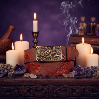 Dragon Leather Belt - Sorceress Sanctuary Black V - Gold Buckle / 110cm-Black V - Gold Buckle / 120cm-Black V - Gold Buckle / 125cm-Curry V - Silver buckle / 130cm-Curry V - Gold Buckle / 110cm