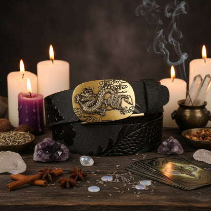 Dragon Leather Belt - Sorceress Sanctuary Black V - Gold Buckle / 110cm-Black V - Gold Buckle / 120cm-Black V - Gold Buckle / 125cm-Curry V - Silver buckle / 130cm-Curry V - Gold Buckle / 110cm