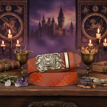 Dragon Leather Belt - Sorceress Sanctuary Black V - Gold Buckle / 110cm-Black V - Gold Buckle / 120cm-Black V - Gold Buckle / 125cm-Curry V - Silver buckle / 130cm-Curry V - Gold Buckle / 110cm