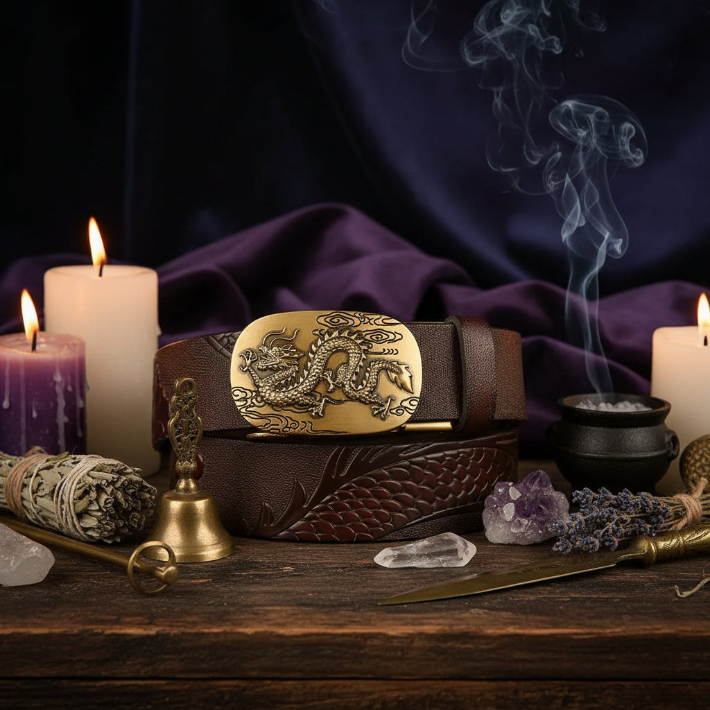 Dragon Leather Belt - Sorceress Sanctuary Black V - Gold Buckle / 110cm-Black V - Gold Buckle / 120cm-Black V - Gold Buckle / 125cm-Curry V - Silver buckle / 130cm-Curry V - Gold Buckle / 110cm