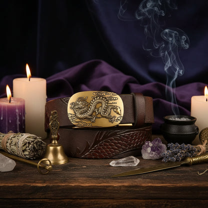 Dragon Leather Belt - Sorceress Sanctuary Black V - Gold Buckle / 110cm-Black V - Gold Buckle / 120cm-Black V - Gold Buckle / 125cm-Curry V - Silver buckle / 130cm-Curry V - Gold Buckle / 110cm