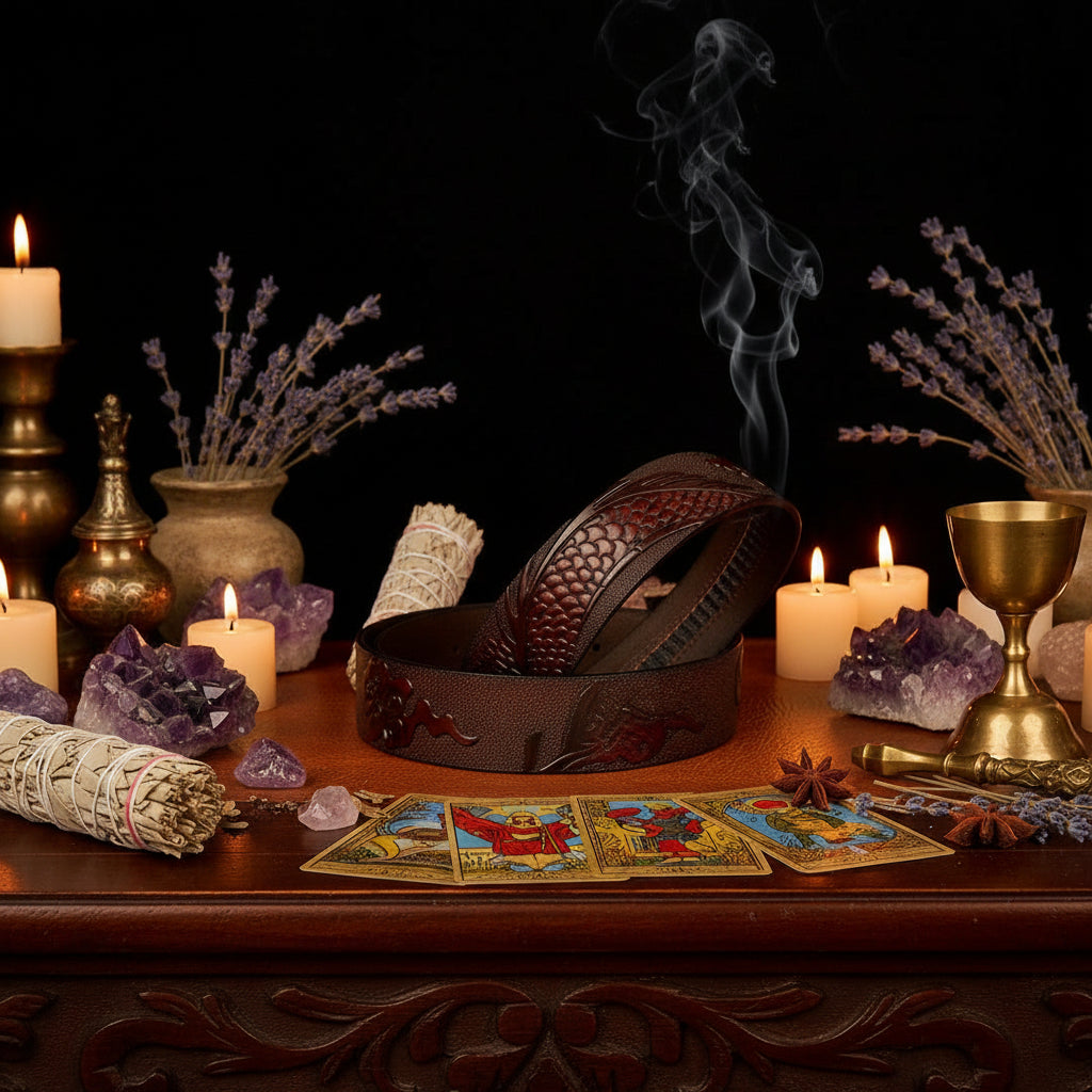Dragon Leather Belt - Sorceress Sanctuary Black V - Gold Buckle / 110cm-Black V - Gold Buckle / 120cm-Black V - Gold Buckle / 125cm-Curry V - Silver buckle / 130cm-Curry V - Gold Buckle / 110cm