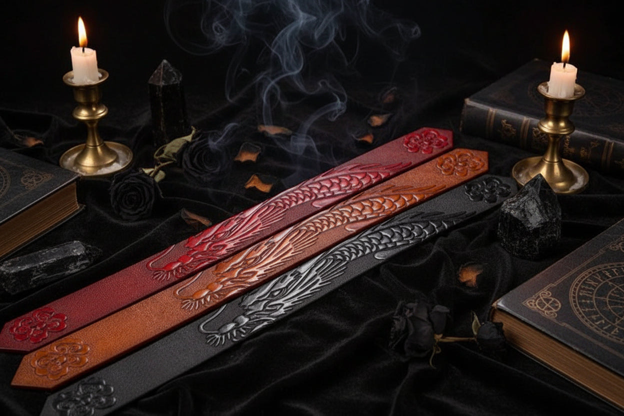 Dragon Leather Belt - Sorceress Sanctuary Black V - Gold Buckle / 110cm-Black V - Gold Buckle / 120cm-Black V - Gold Buckle / 125cm-Curry V - Silver buckle / 130cm-Curry V - Gold Buckle / 110cm