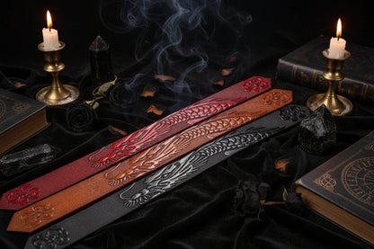Dragon Leather Belt - Sorceress Sanctuary Black V - Gold Buckle / 110cm-Black V - Gold Buckle / 120cm-Black V - Gold Buckle / 125cm-Curry V - Silver buckle / 130cm-Curry V - Gold Buckle / 110cm