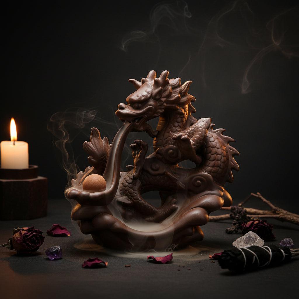 Wooden dragon sculpture with measurements on a white background