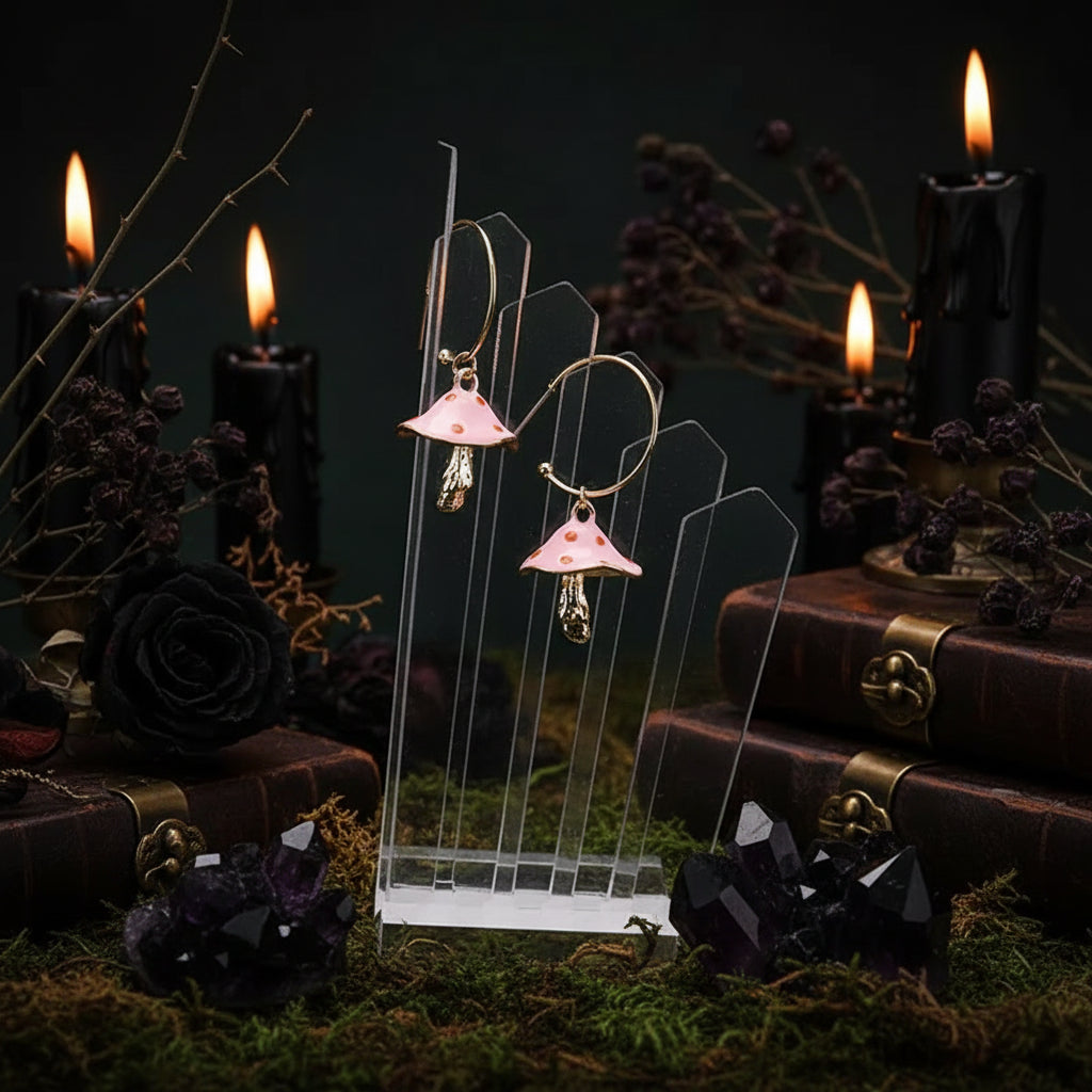 Oil Drip Mushroom Earrings - Sorceress Sanctuary Grey-Orange white-Pink-black white-Black