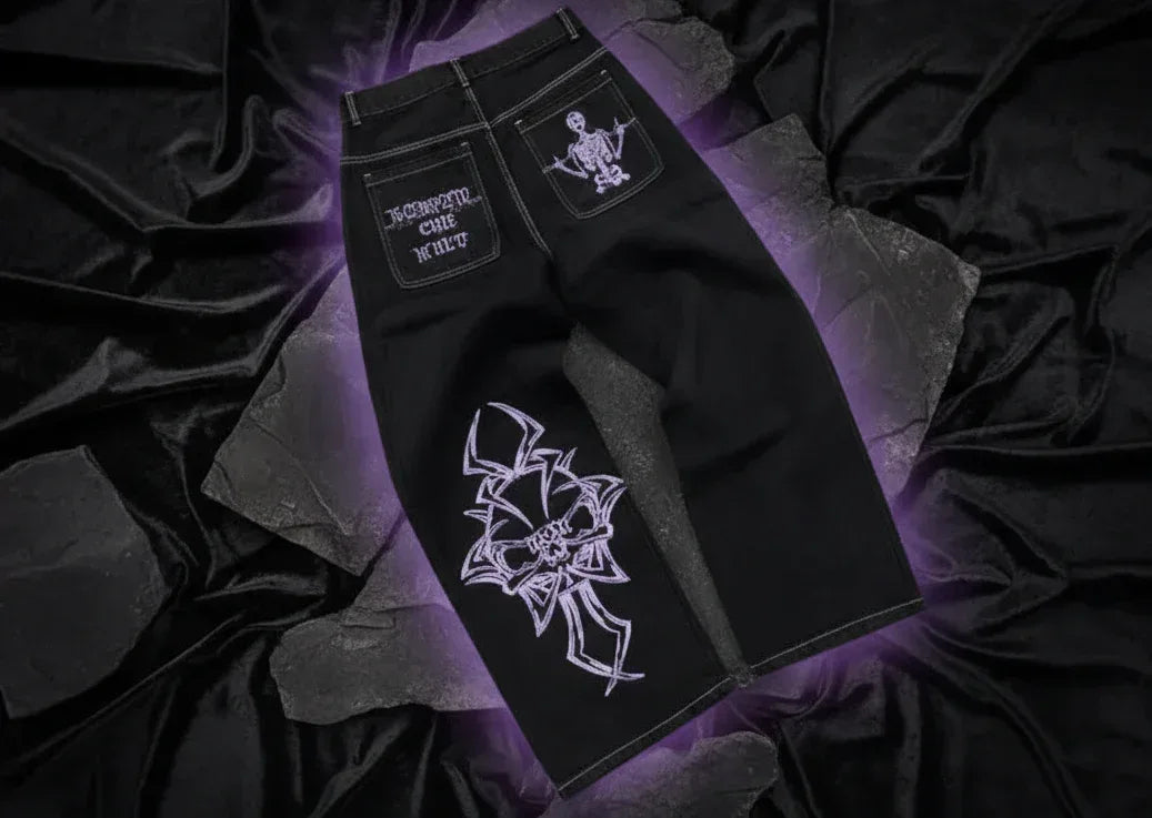 Embroidered Skull Jeans - Sorceress Sanctuary Purple Embroidery / S-Purple Embroidery / M-Purple Embroidery / L-Purple Embroidery / XL-Purple Embroidery / 2XL