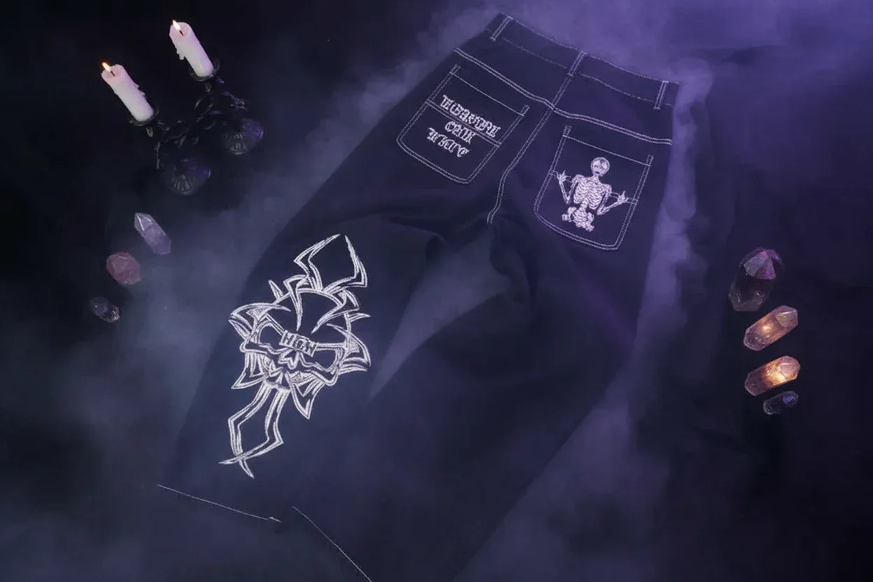 Embroidered Skull Jeans - Sorceress Sanctuary Purple Embroidery / S-Purple Embroidery / M-Purple Embroidery / L-Purple Embroidery / XL-Purple Embroidery / 2XL