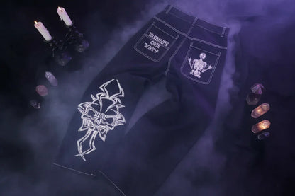 Embroidered Skull Jeans - Sorceress Sanctuary Purple Embroidery / S-Purple Embroidery / M-Purple Embroidery / L-Purple Embroidery / XL-Purple Embroidery / 2XL