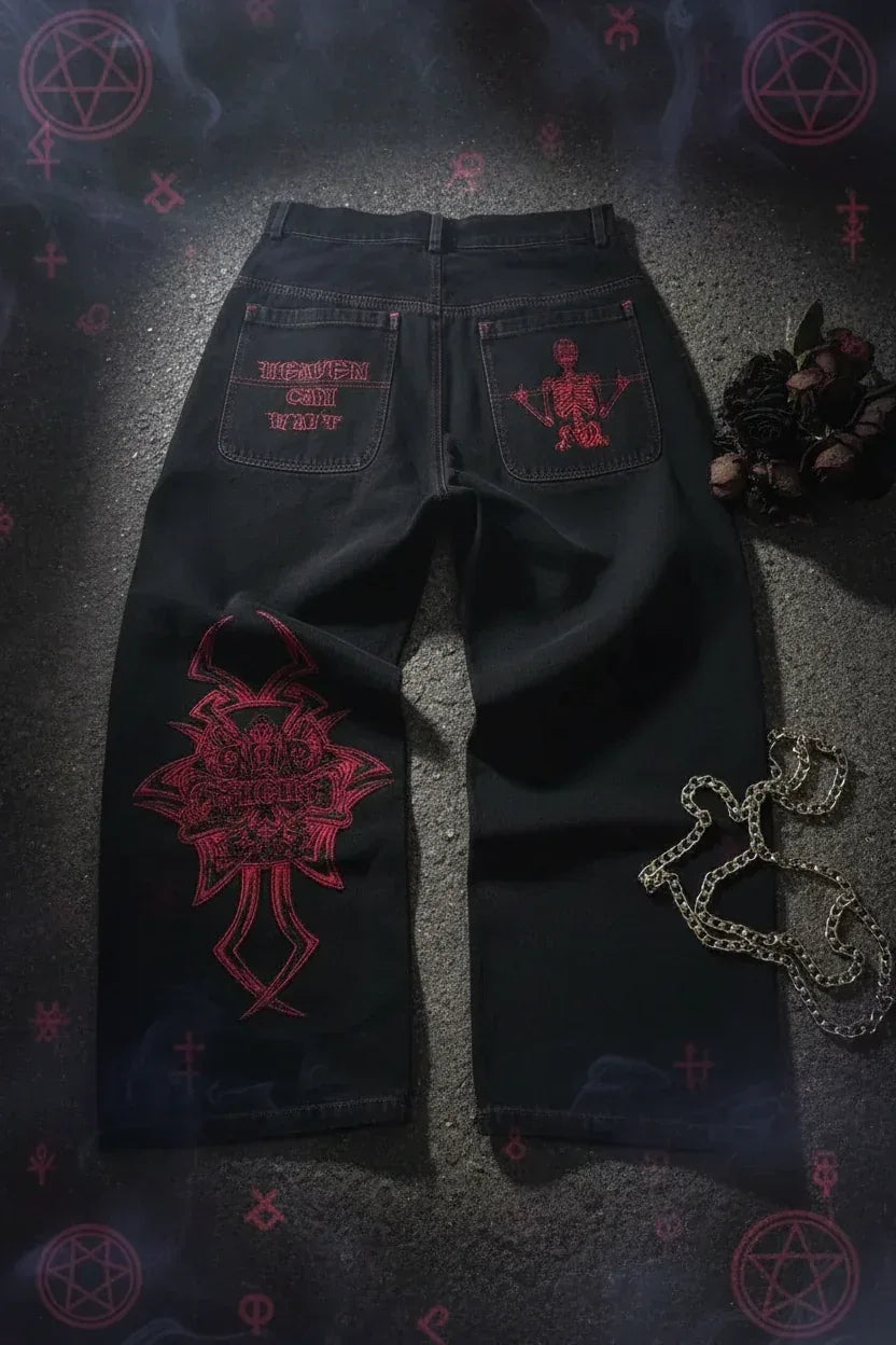 Embroidered Skull Jeans - Sorceress Sanctuary Purple Embroidery / S-Purple Embroidery / M-Purple Embroidery / L-Purple Embroidery / XL-Purple Embroidery / 2XL