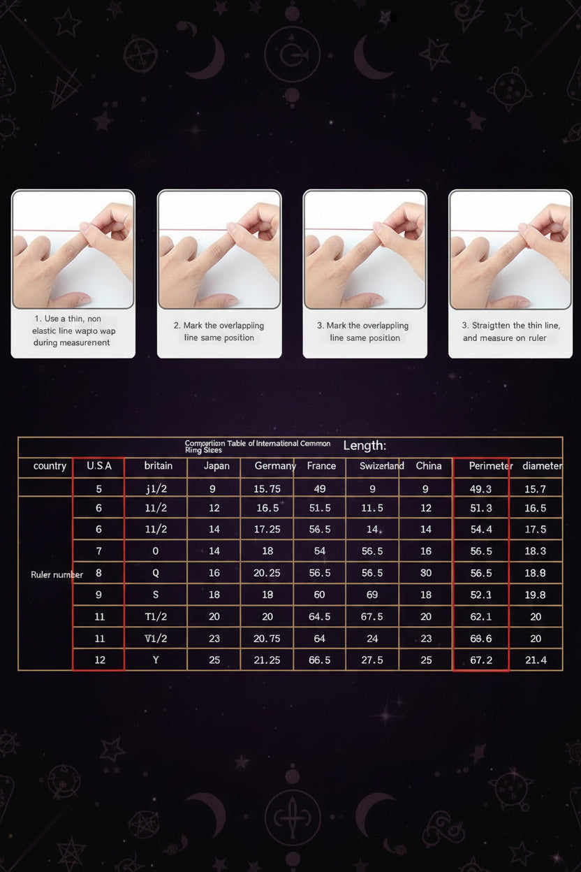 Instructions for measuring finger size with images of hands and a ruler, followed by a table of ring sizes.
