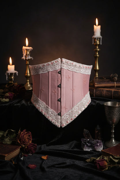 Pink corset with lace trim on a white background