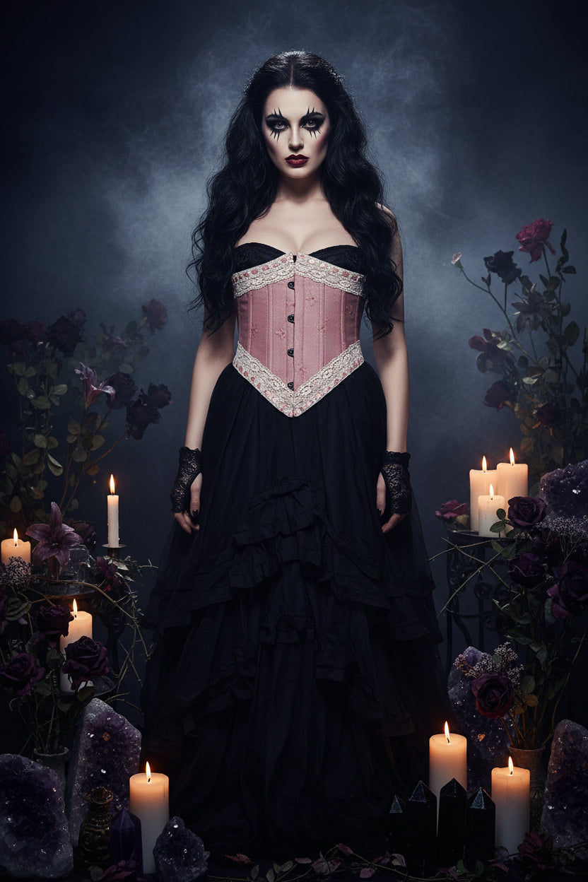 Pink corset with lace trim on a white background