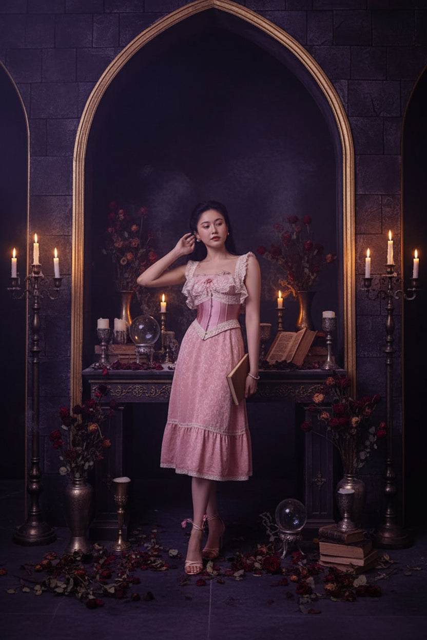 Woman in a pink dress standing in an ornate room with decorative walls and furniture.