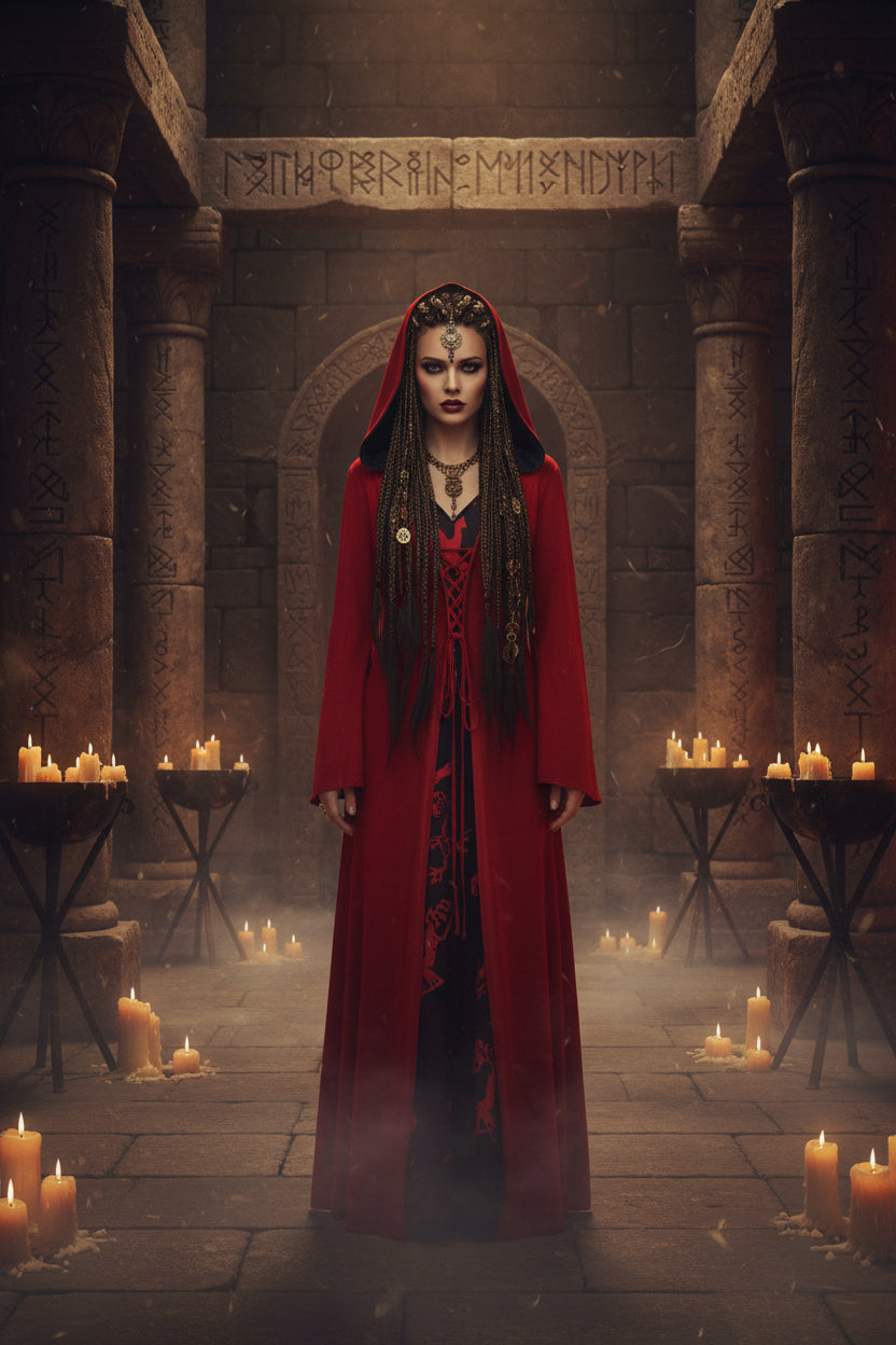 Red hooded cloak with black accents on a white background