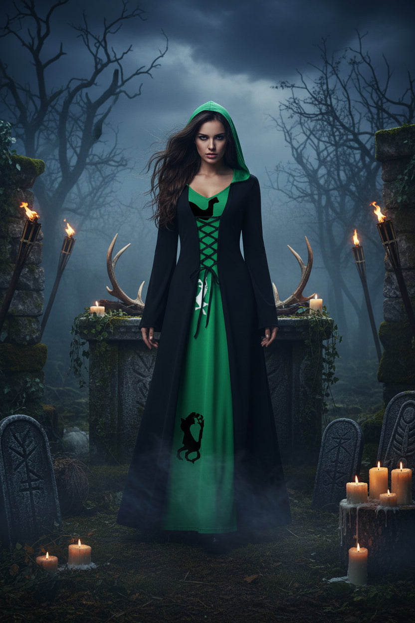 Long witchy hooded dress with green accents in graveyard