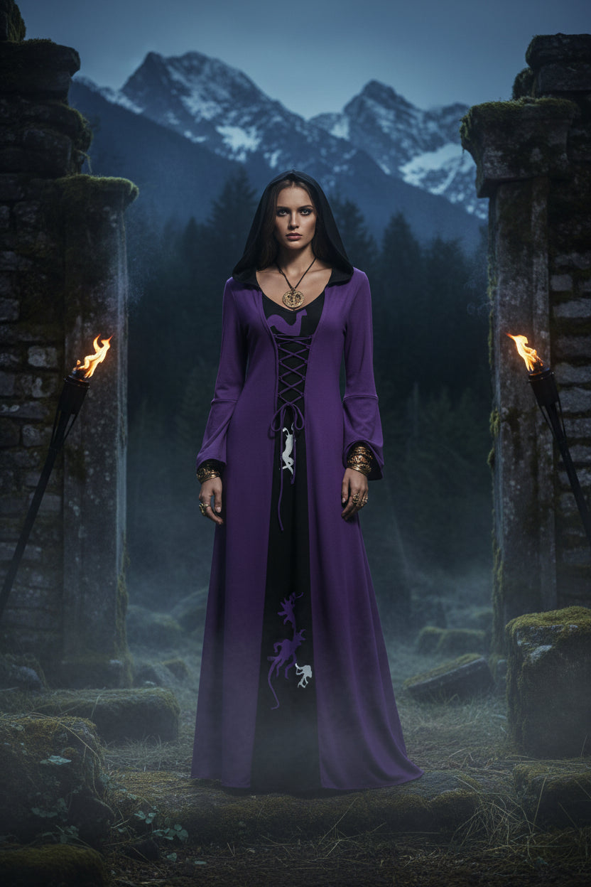Purple hooded dress with black accents on a white background