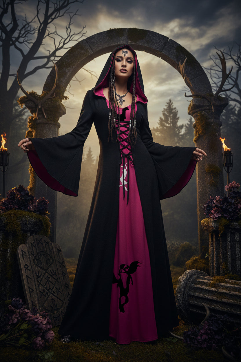 Black hooded dress with pink accents on a white background