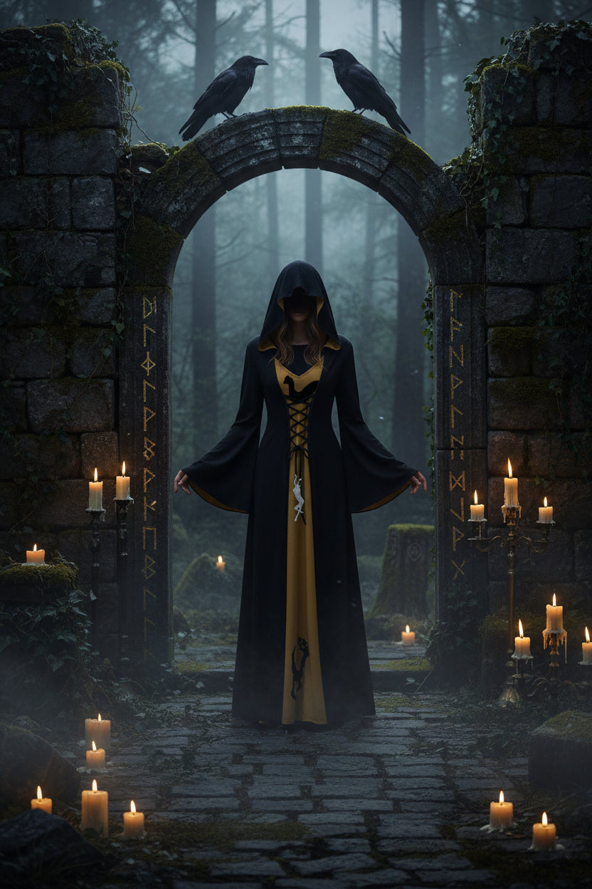 Long black and gold dress with a hood on a white background