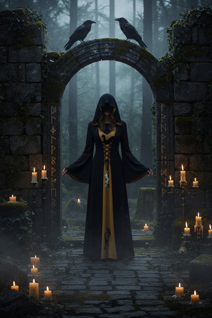 Long black and gold dress with a hood on a white background