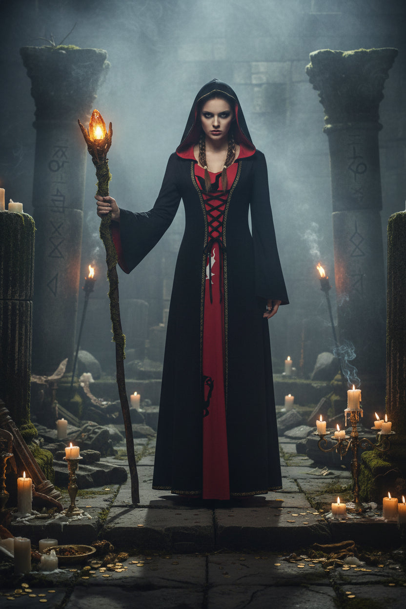 Black hooded dress with red accents on a white background