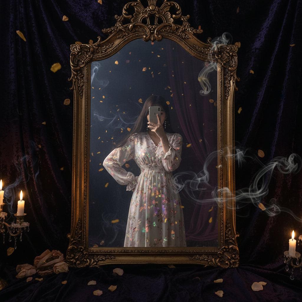 Woman taking a mirror selfie wearing a floral dress in a softly lit room.