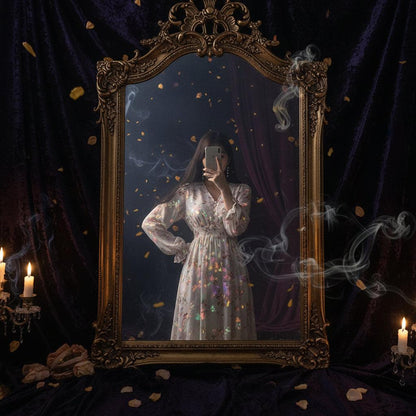 Woman taking a mirror selfie wearing a floral dress in a softly lit room.